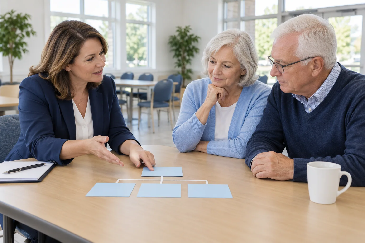 Licensed insurance Agent reviewing coverage information with a senior couple